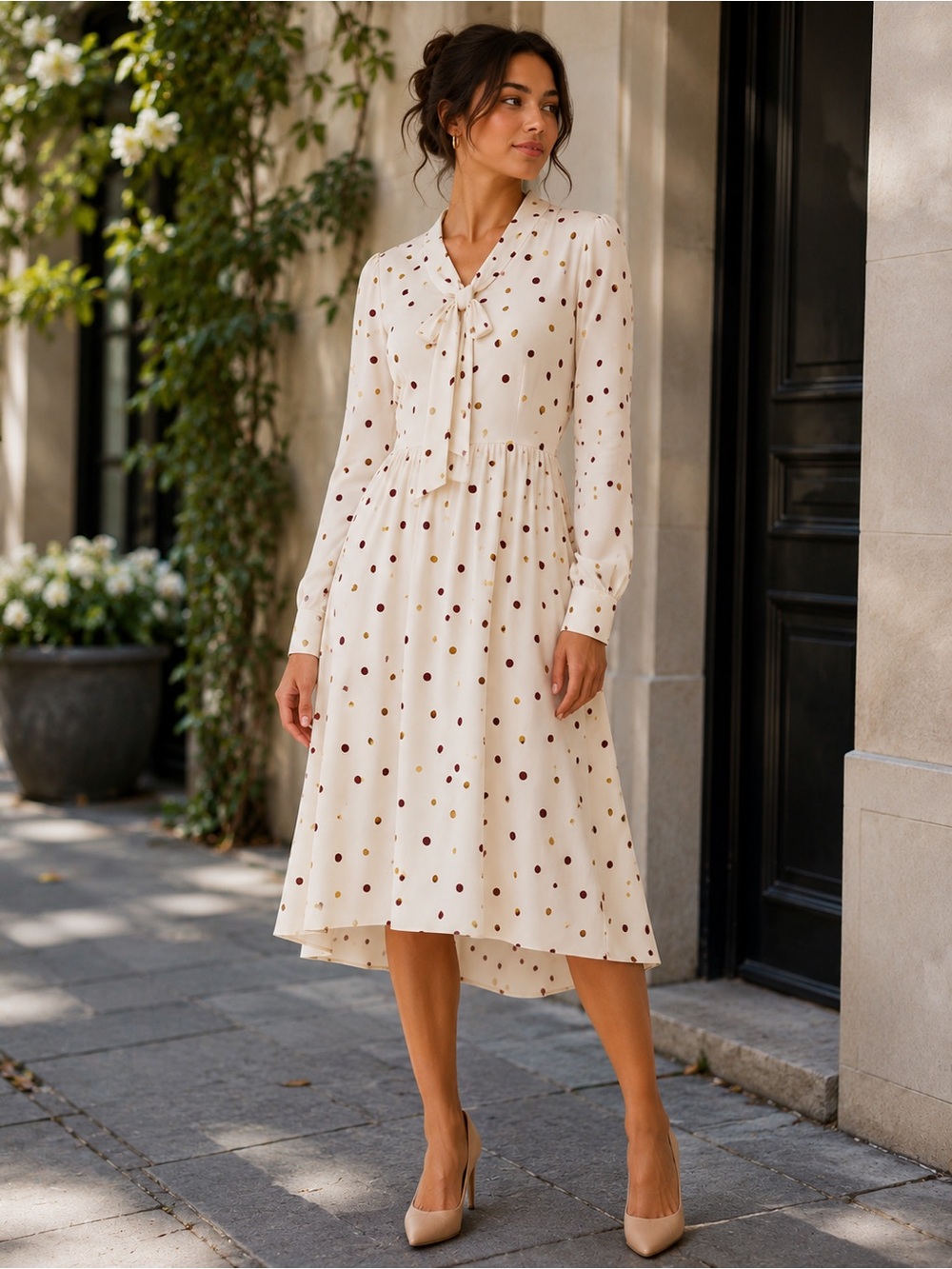 NWT ModCloth Pleasant Confidence Dress Polka Dot Tie Cream Pleats Pockets Sz 12